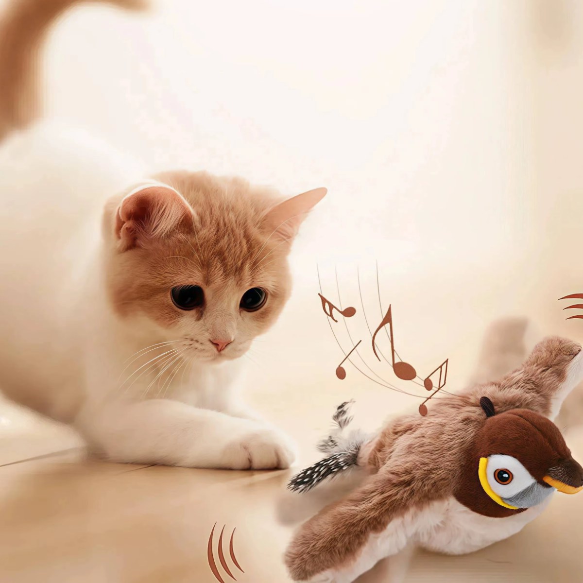 Chaton qui observe l'oiseau en peluche qui gazouille